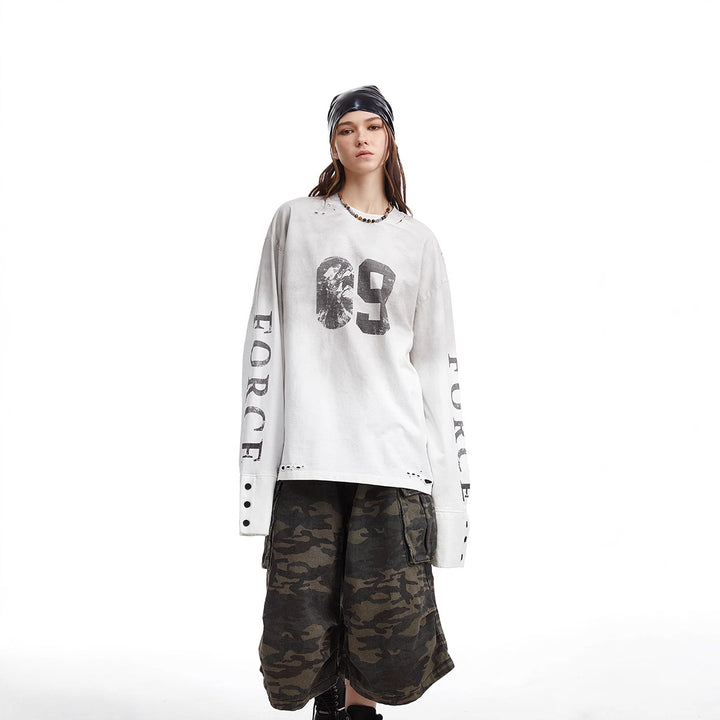 Herren Oversize-Longsleeve-Sweatshirt mit Print, verlängerten Manschetten und Used-Details Drune