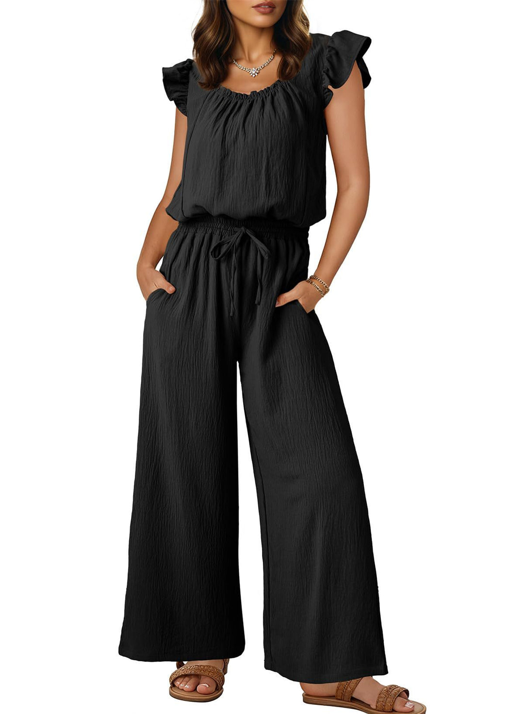 Damen Crinkle-Overall mit weitem Bein, elastischem Taillenbund und Rüschenärmeln Drune