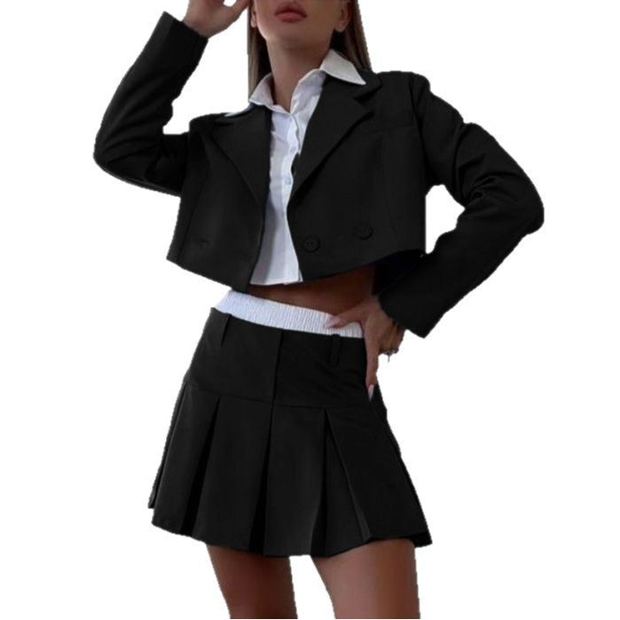 Damen modisches Blazer-Rock-Set mit stylischem Kragen und Faltenrock Drune