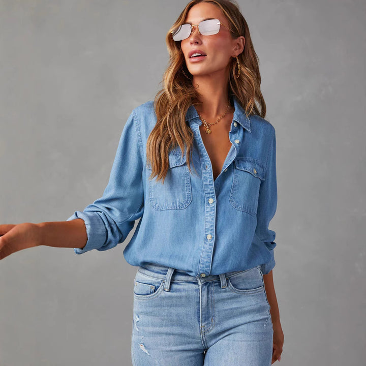 Damen Denim-Hemd mit umschlagbaren Ärmeln und zwei Brusttaschen Drune
