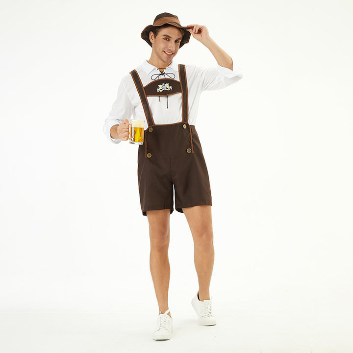 Herren nan Oktoberfest-Kurzlederhose mit verstellbaren Trägern, Zierknöpfen und besticktem Brustlatz Drune