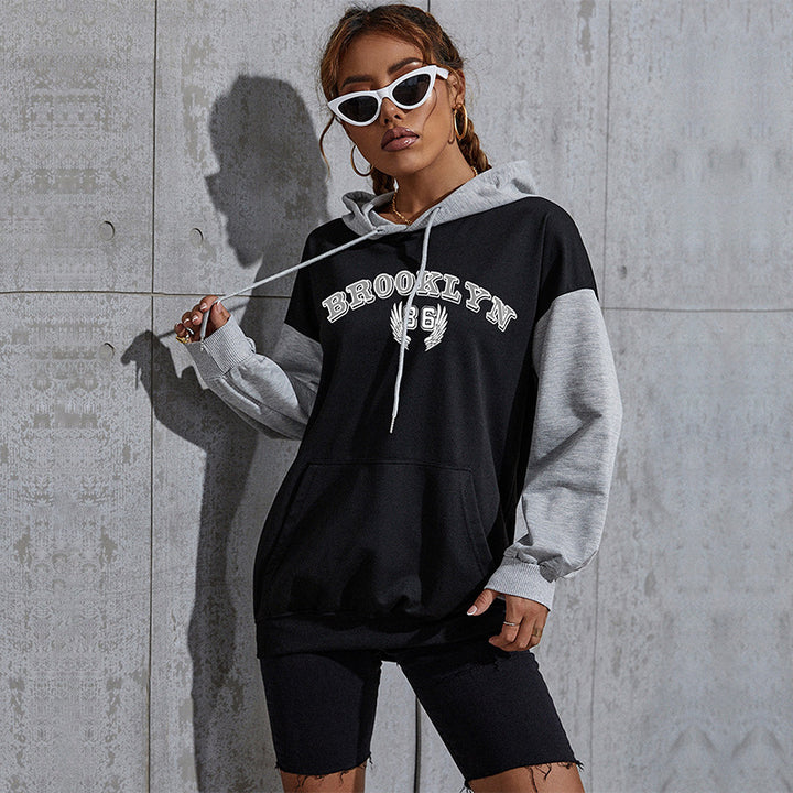 Damen Oversize-Kapuzenhoodie im Collegestyle mit Colorblock-Ärmeln, Kängurutasche und Kordelzug Drune