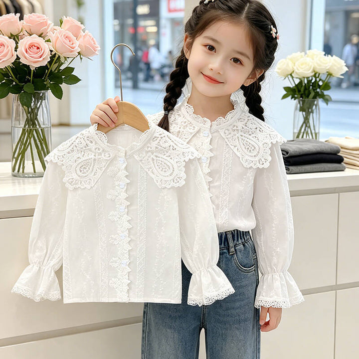 Mädchen elegante Bluse mit Rüschenkragen und Spitzenakzenten Drune