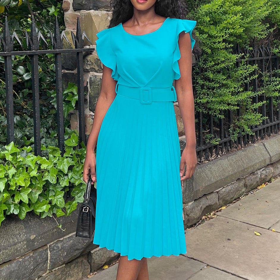 Damen Plissee Kleid mit gefaltetem Rock und Gürtel Drune
