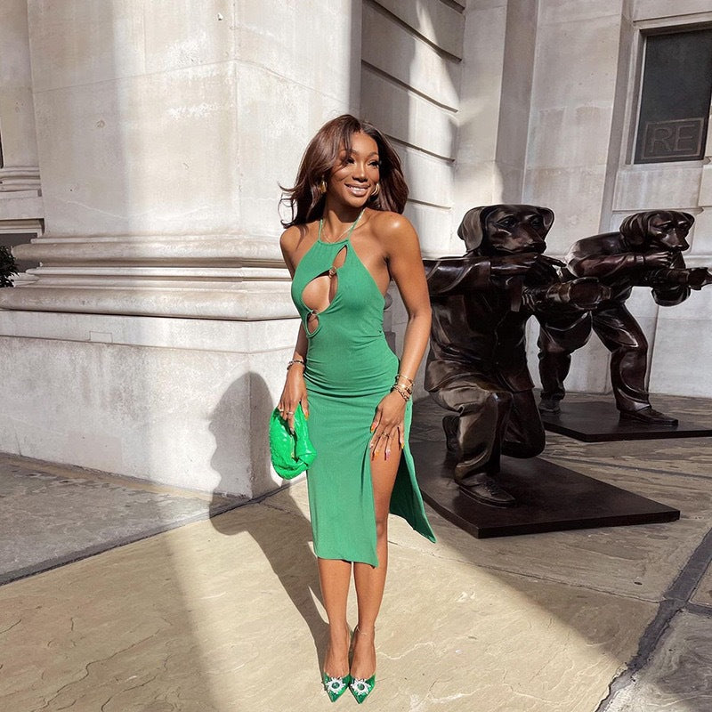 Damen elegantes Maxikleid mit tiefem V-Ausschnitt und raffinierten Cut-Out-Details Drune