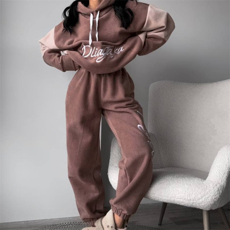 Damen kuscheliges Hoodie-Set mit kontrastärmel, elastischer High-Waist-Jogginghose und überschnittener Kapuze Drune