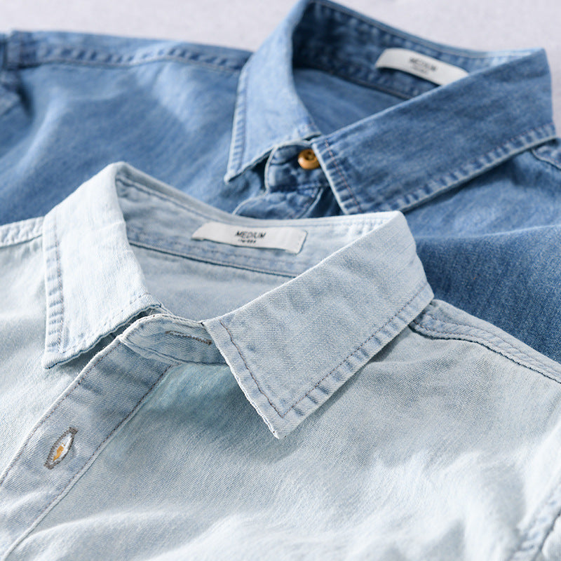 Herren Leichtes Denim-Hemd im Relaxed‑Fit mit Brusttasche und Holzknopfleiste Drune