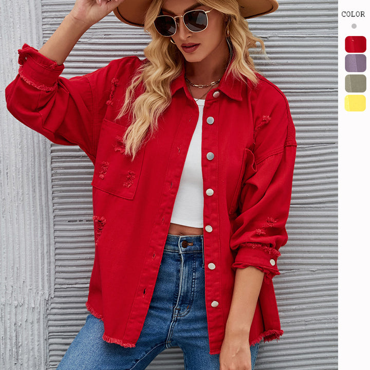 Damen Denim-Hemdjacke im lässigen Oversized-Schnitt mit fransigen Details Drune