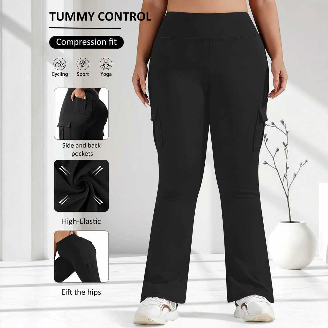 Damen High-Waist Cargo-Yoga-Flarehose mit Seitentaschen Drune