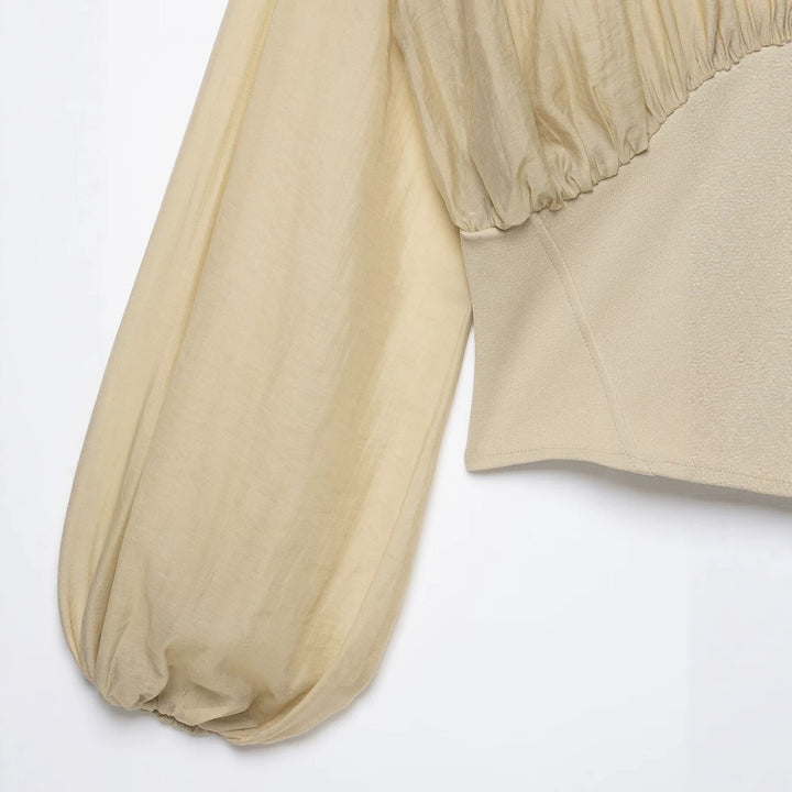 Damen Tailliertes Corsagen-Top mit transparenten Ballonärmeln und tiefem V‑Ausschnitt Drune