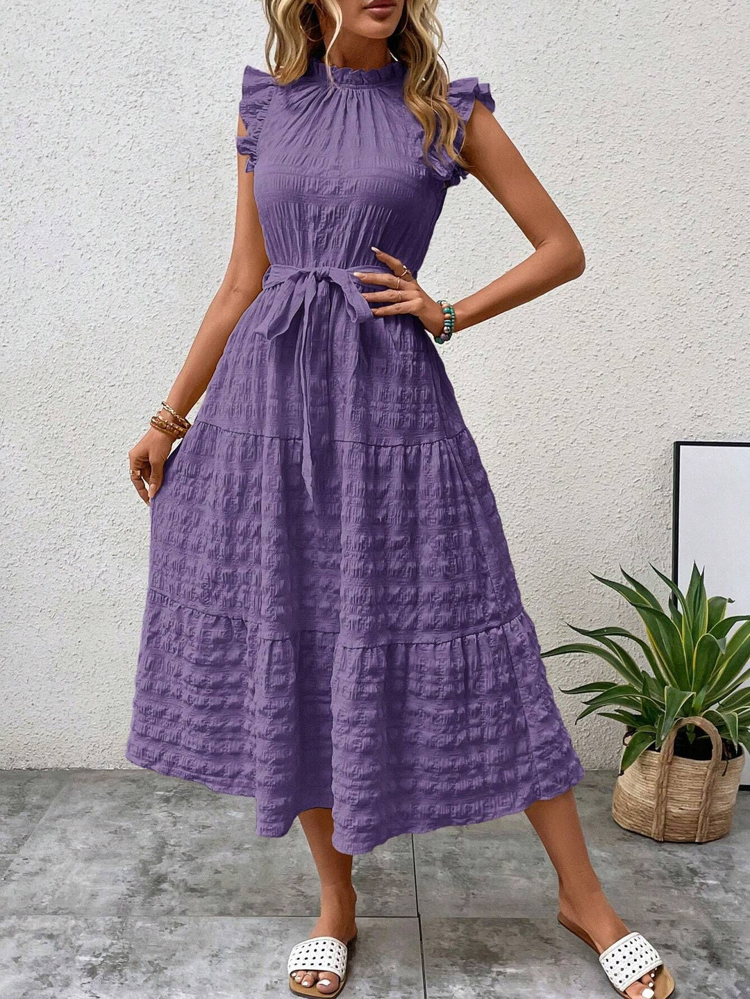 Damen Midikleid mit Stehkragen, Rüschenärmeln und Taillengürtel Drune