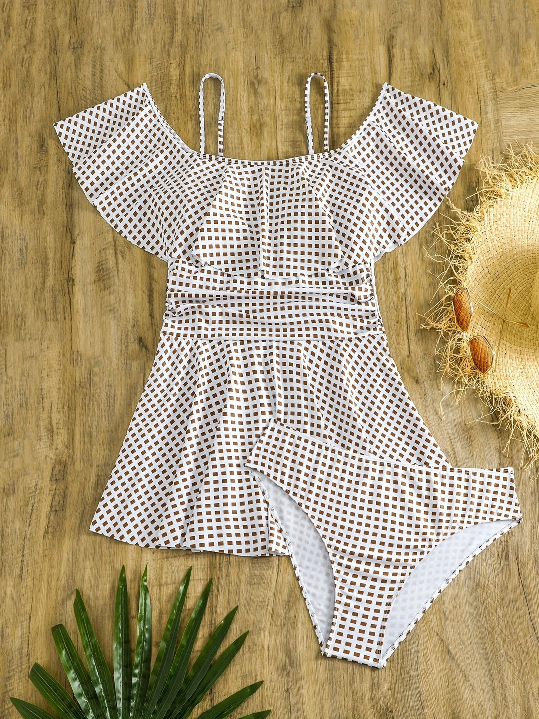 Damen Badeanzug-Set mit Rüschendetails und elegantem Karomuster Drune