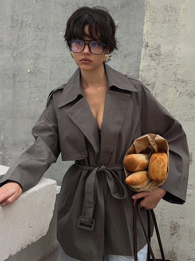 Damen Kurztrenchcoat mit Bindegürtel und Oversize-Ärmeln Drune