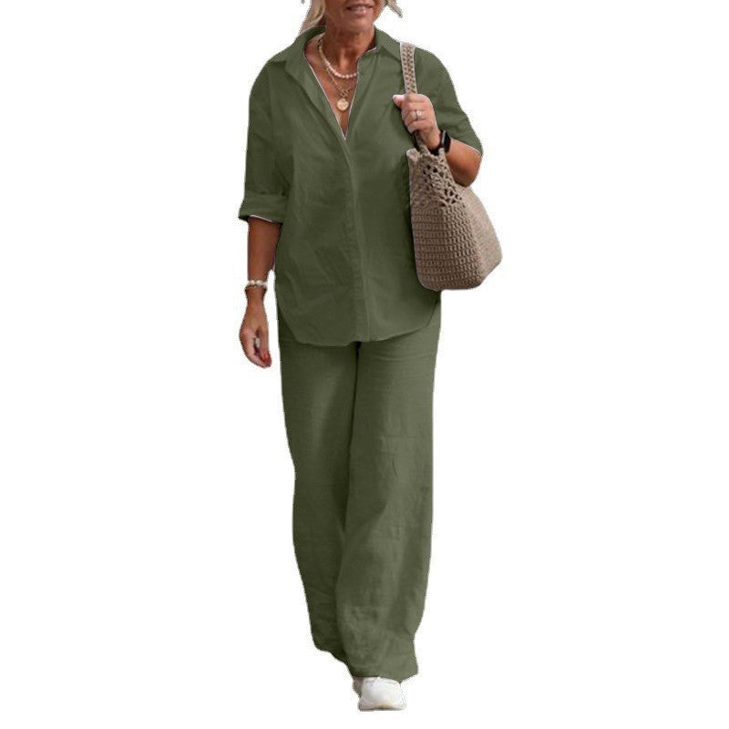 Damen Leichtes Leinen-Optik Zweiteiler mit Oversize-Hemd und weiter Palazzohose Drune
