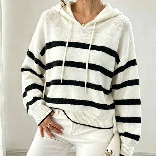 Damen Kapuzen-Strickpullover im Maritim-Look mit geripptem Saum und relaxed Fit Drune