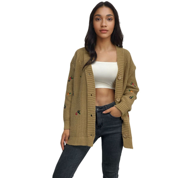 Damen Grobstrick Cardigan mit bunten Stickereien und Knopfverschluss Drune