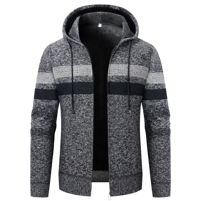 Herren Kapuzen-Strickjacke mit Teddyfutter, Reißverschluss und Kontraststreifen Drune
