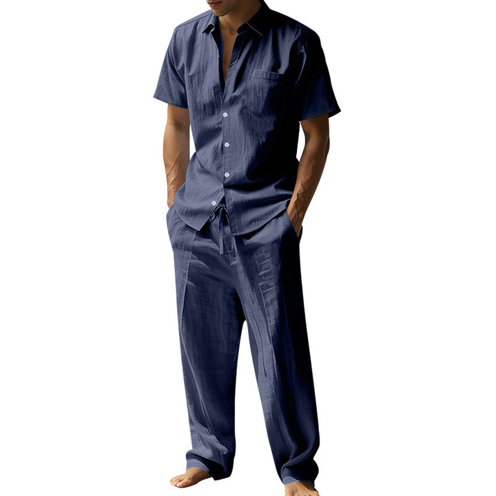 Herren nan resort-taugliches Kurzarm-Hemd mit Brusttasche und lässiger Leinen-Kordelhose Drune