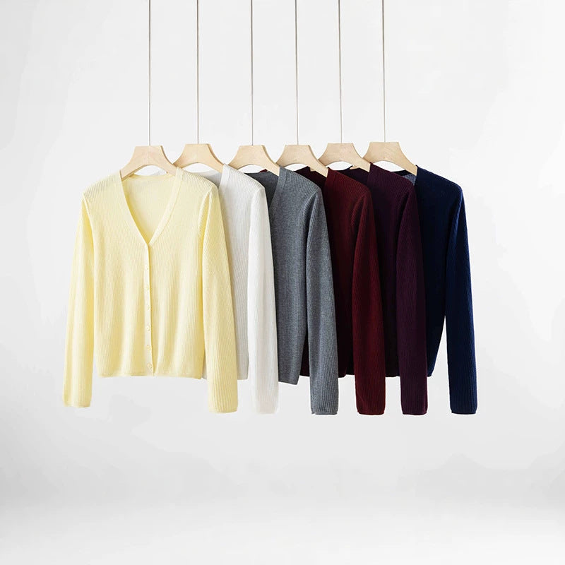 Damen Klassischer Feiner Rippen-Cardigan mit tiefem V-Ausschnitt und schmaler Silhouette Drune