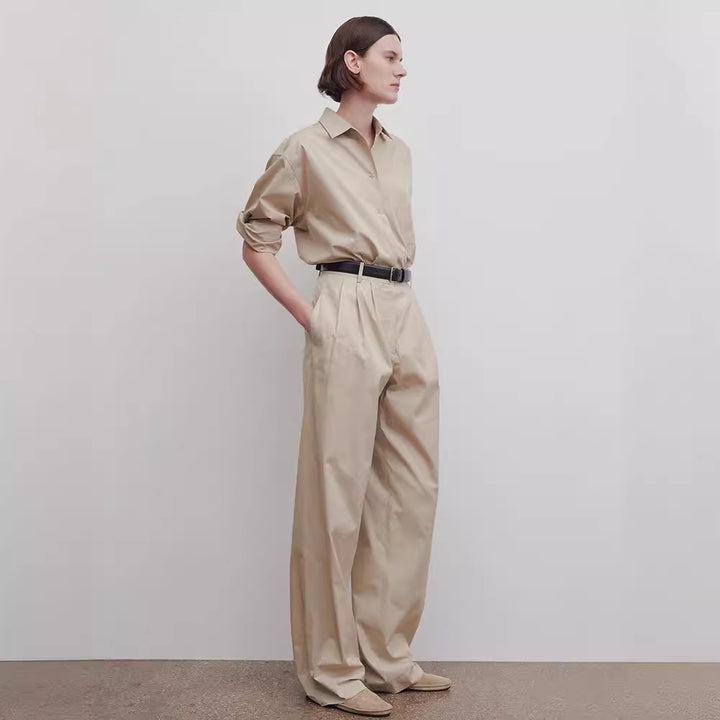 Damen weite und elegante Hochbundhose mit klassischen Falten Drune