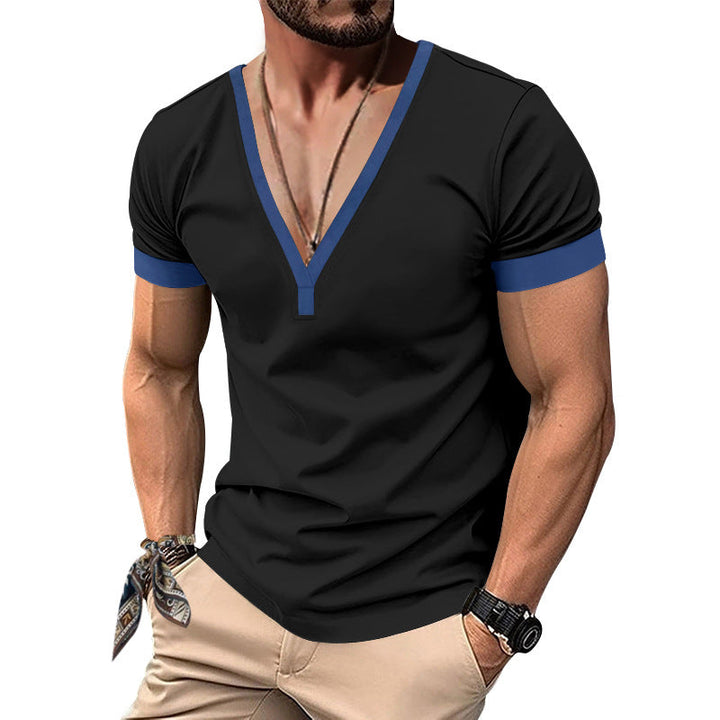 Herren V-Ausschnitt T-Shirt mit kontrastierenden Ärmeln und atmungsaktiver Baumwolle Drune