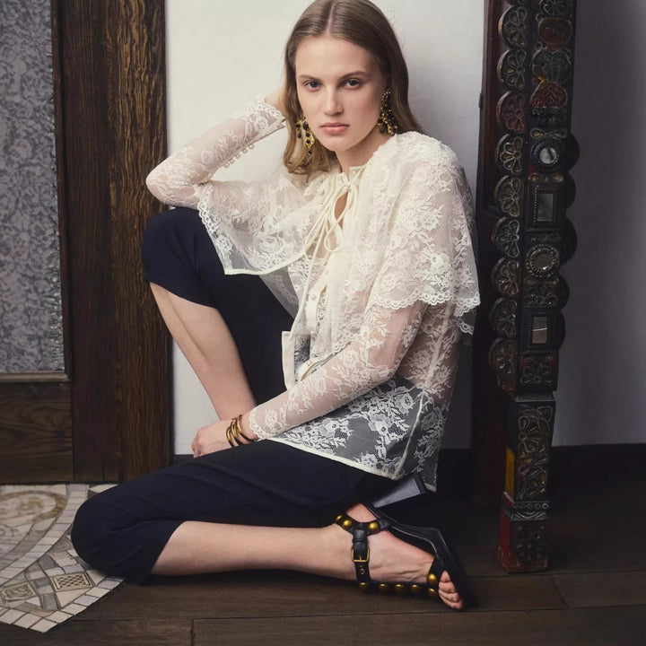 Damen Spitzenbluse mit eleganter Schleifenverzierung und transparenten Einsätzen Drune