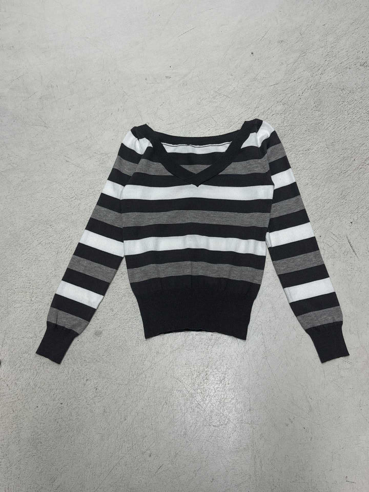 Damen Taillierter Feinstrick-Pullover mit breiten Blockstreifen und V-Ausschnitt Drune