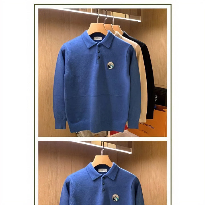 Herren Polokragen-Pullover aus weichem Flauschstrick mit Logo‑Patch Drune