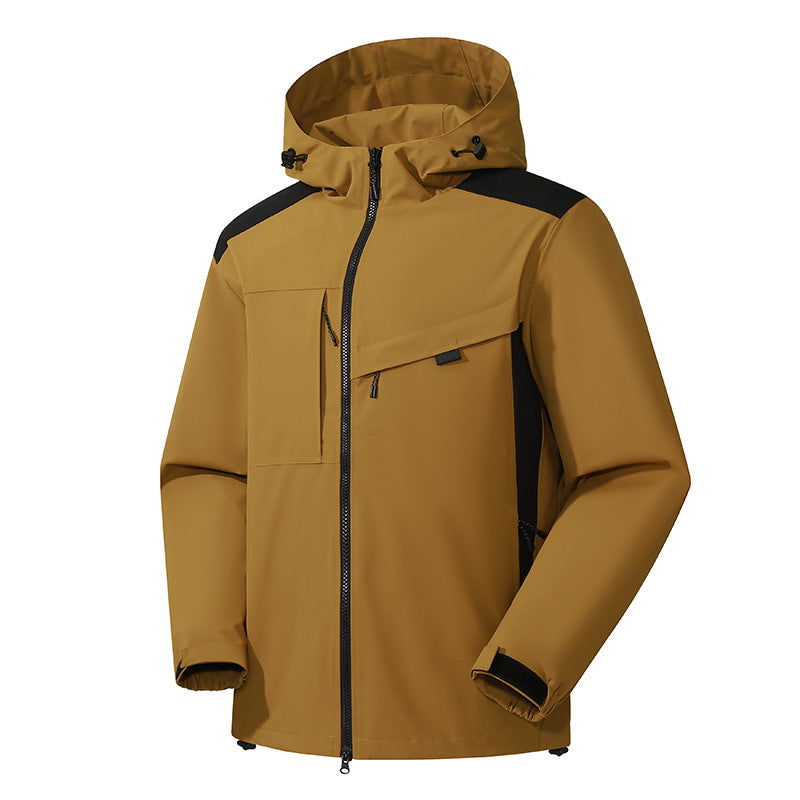Herren technische Softshelljacke mit Kapuze, diagonalem Brustfach und Multifach-Reißverschlusstaschen Drune