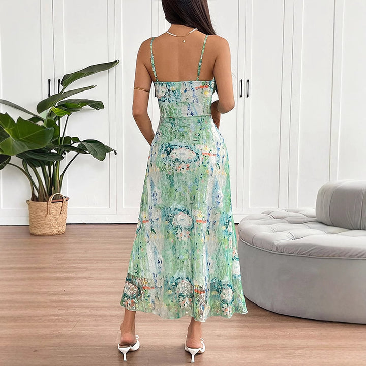 Damen Maxikleid mit zartem floralem Muster und verstellbaren Spaghettiträgern Drune