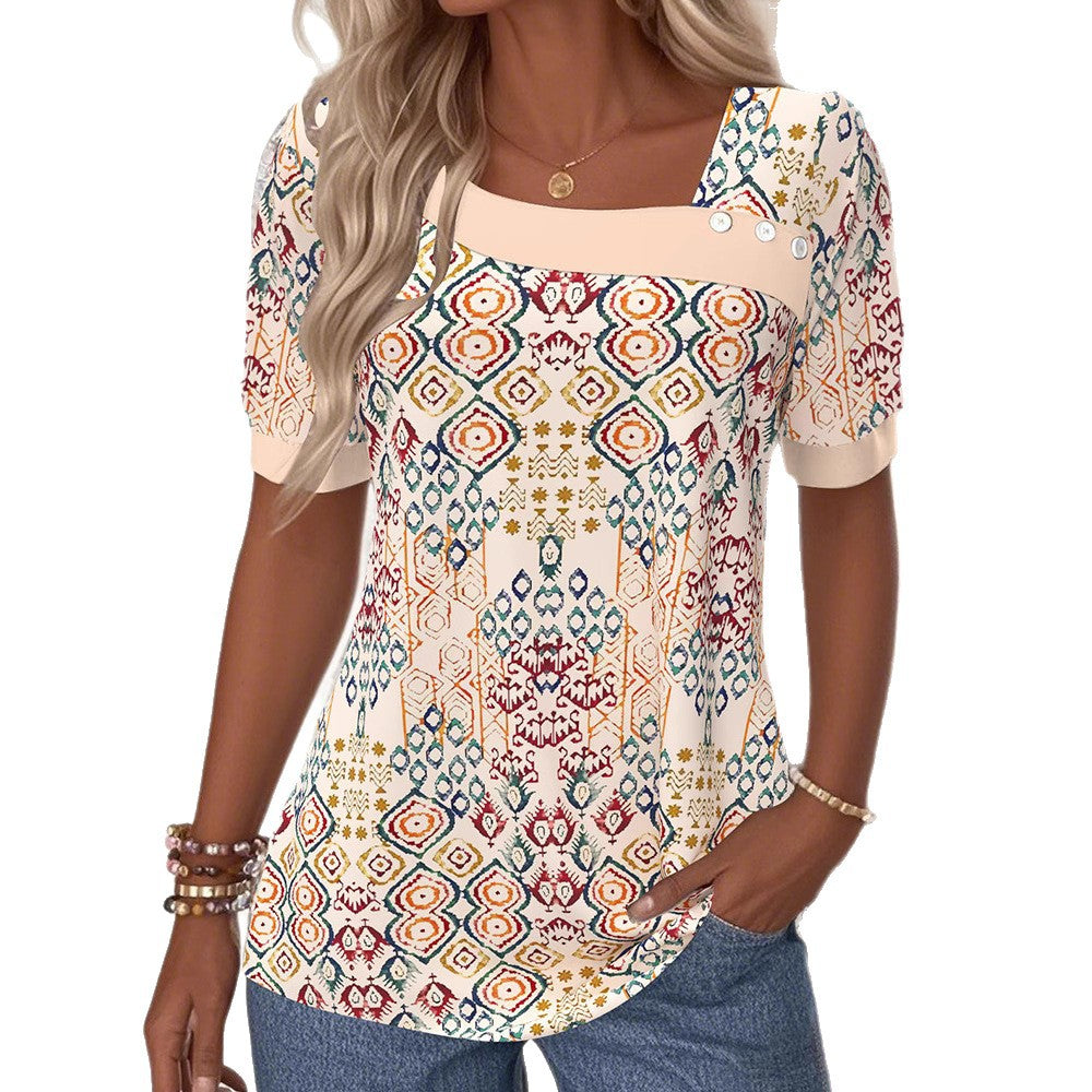Damen nan leichtes Boho-Blusenshirt mit quadratischem Ausschnitt, Zierknopfleiste und geschwungenem Saum Drune