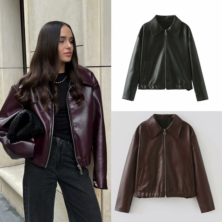 Damen nan kastig geschnittene Kunstlederjacke mit durchgehendem Reißverschluss und elastischem Saum Drune