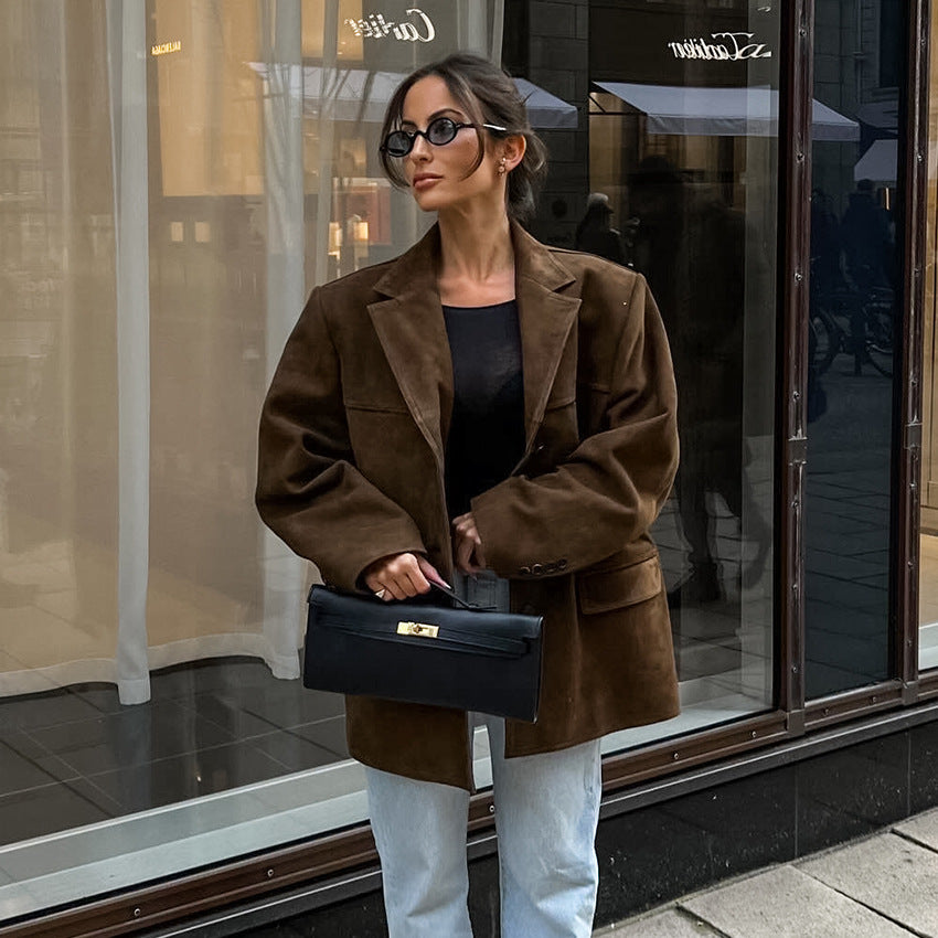 Damen Modische Wildlederjacke im Oversized-Schnitt mit klassischem Kragen und praktischen Taschen Drune