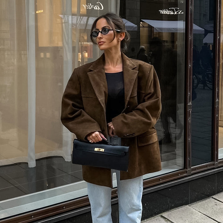 Damen Modische Wildlederjacke im Oversized-Schnitt mit klassischem Kragen und praktischen Taschen Drune