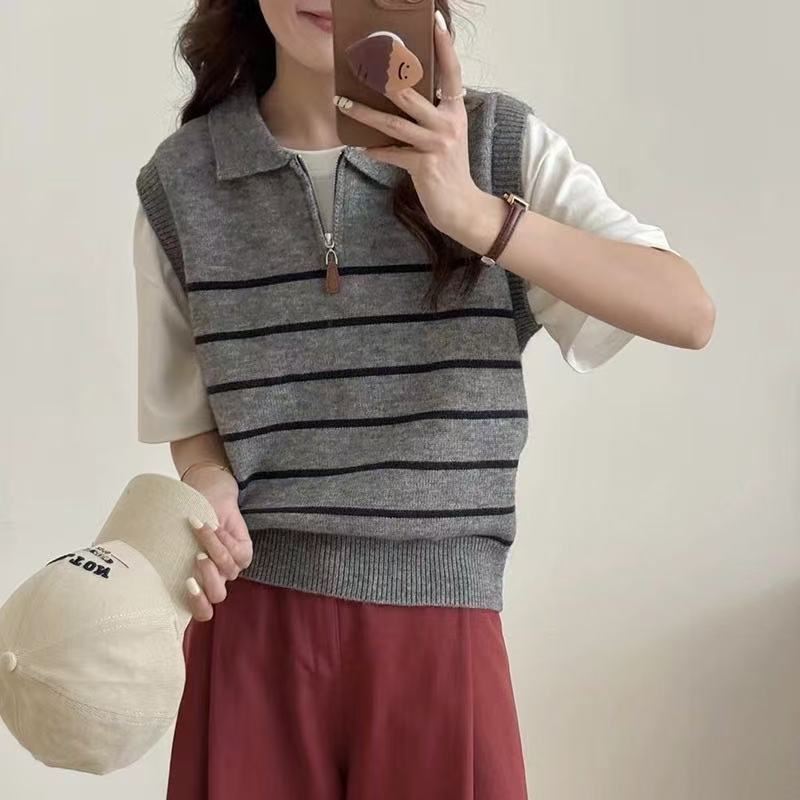 Damen Strickpullover mit Reißverschluss und Streifenmuster Drune