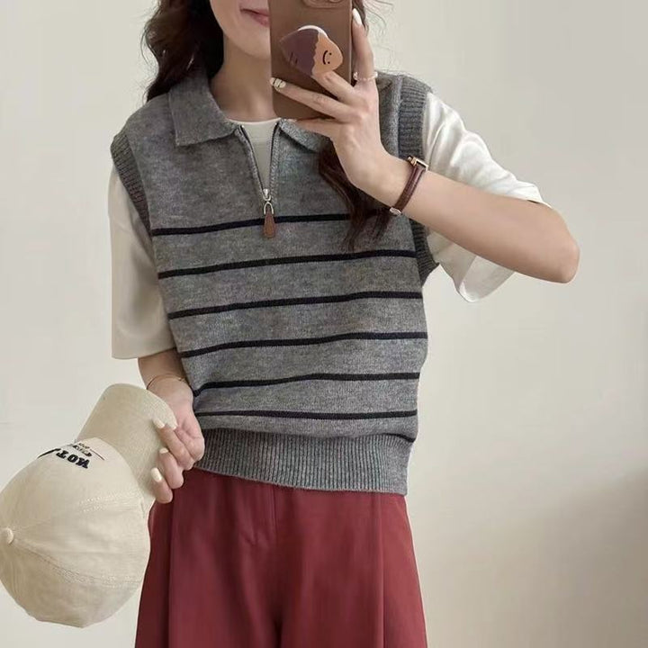 Damen Strickpullover mit Reißverschluss und Streifenmuster Drune