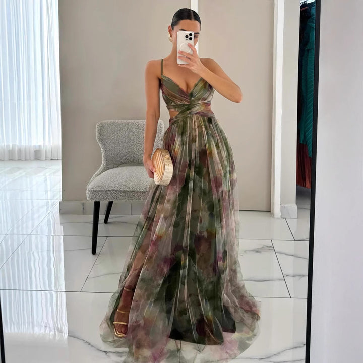 Damen Maxikleid mit kunstvollem Wickeldesign und transparentem Rock Drune