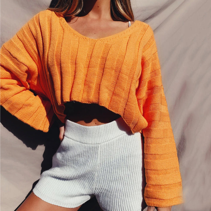 Damen lässiger Strickpullover mit cropped Schnitt und langen Ärmeln Drune