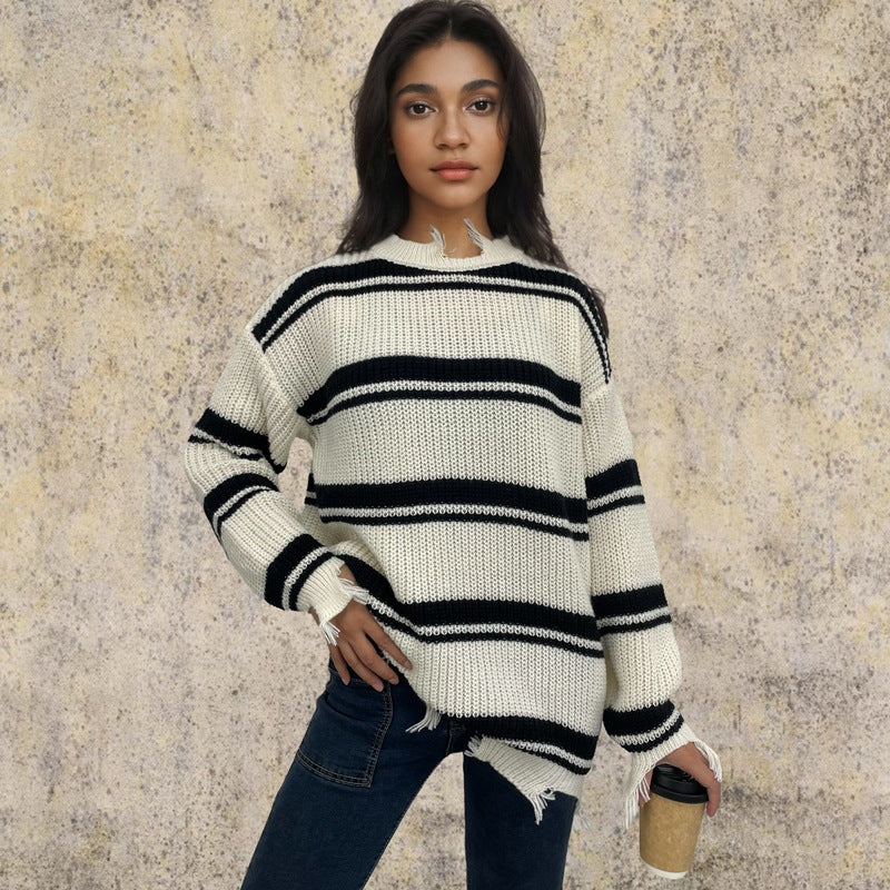Damen lässiger Strickpullover mit Boho-Details und Fransen Drune