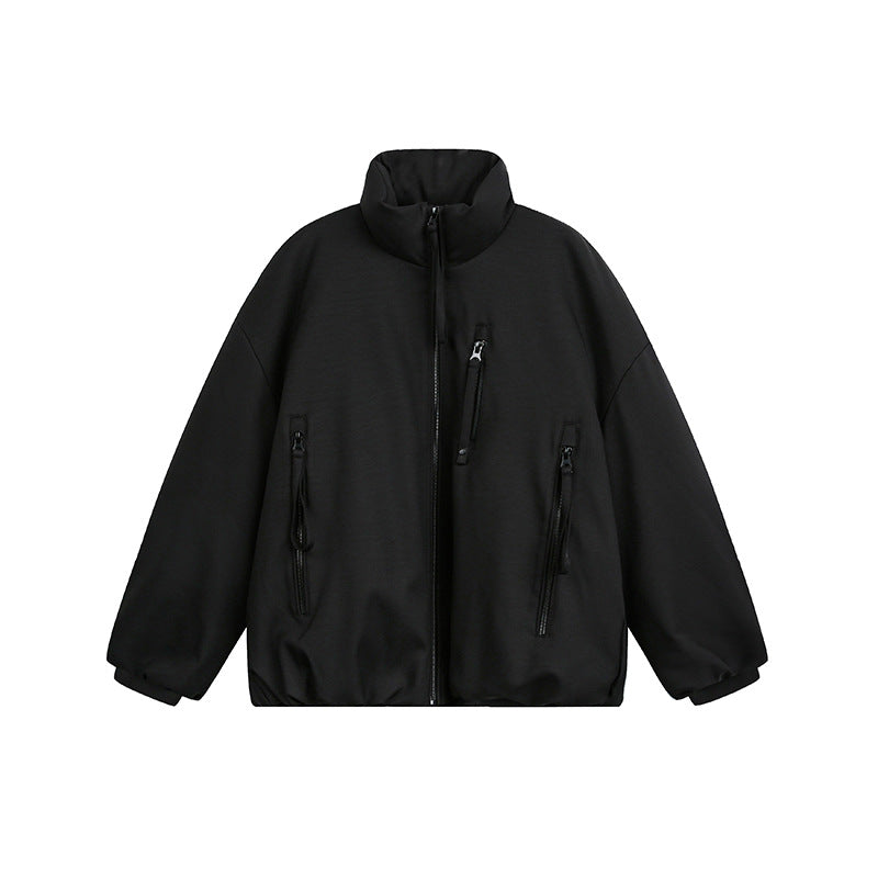 Unisex Weit geschnittene Utility-Fleecejacke mit Stehkragen und mehreren Reißverschlusstaschen Drune