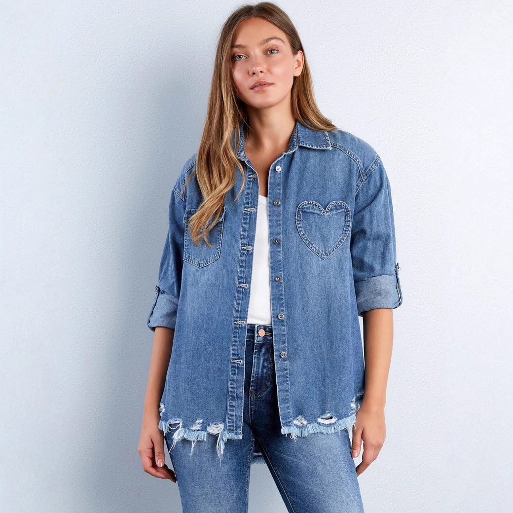 Damen Denim-Bluse mit Herz-Applikation und fransigem Saum Drune