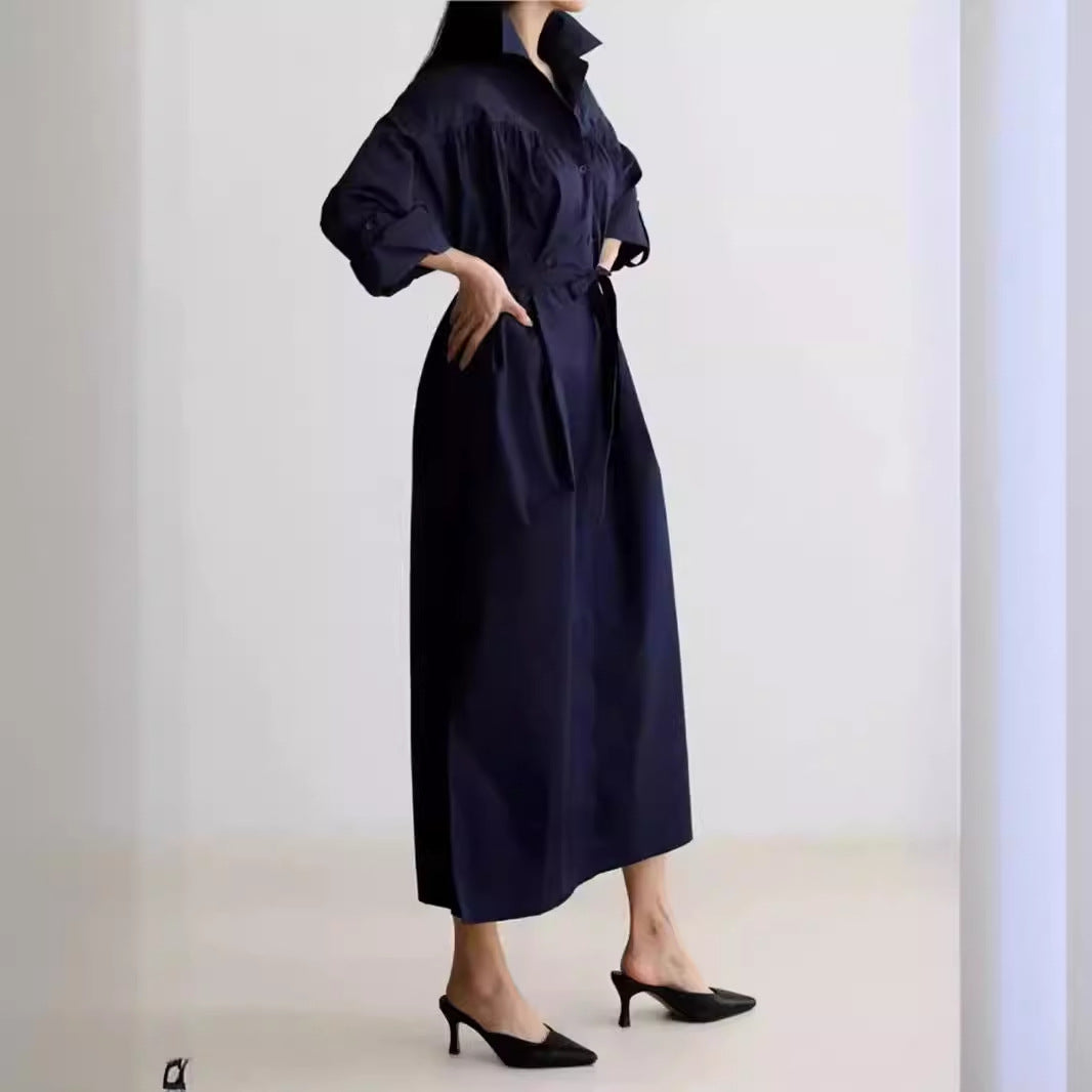 Damen Langärmliges Hemdblusen‑Maxikleid mit strukturierter Schulterpasse und Bindegürtel Drune
