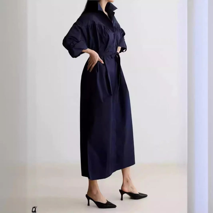 Damen Langärmliges Hemdblusen‑Maxikleid mit strukturierter Schulterpasse und Bindegürtel Drune