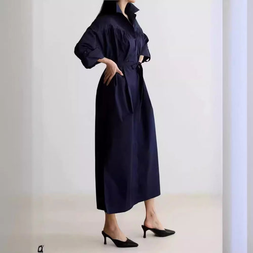 Damen Langärmliges Hemdblusen‑Maxikleid mit strukturierter Schulterpasse und Bindegürtel Drune
