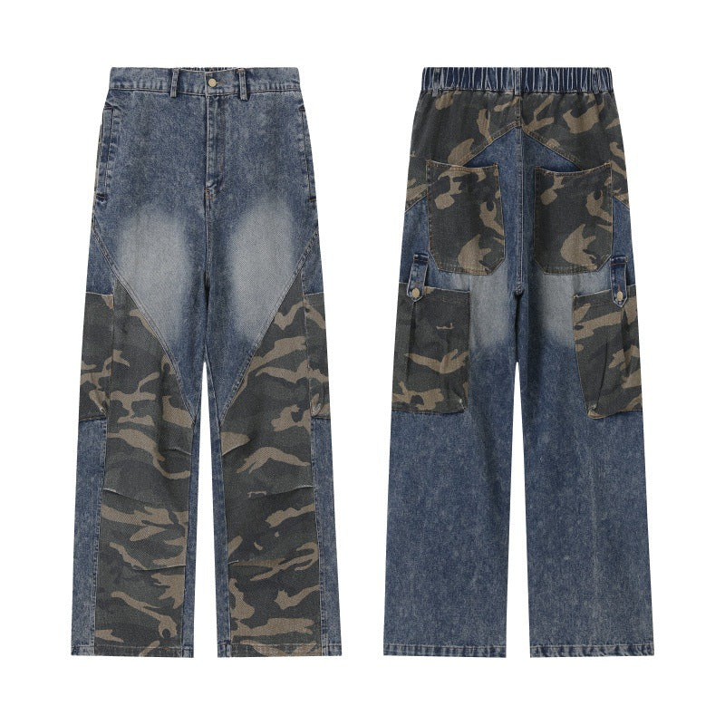 Damen Weite High‑Waist Denim‑Cargohose mit Camouflage‑Einsätzen Drune