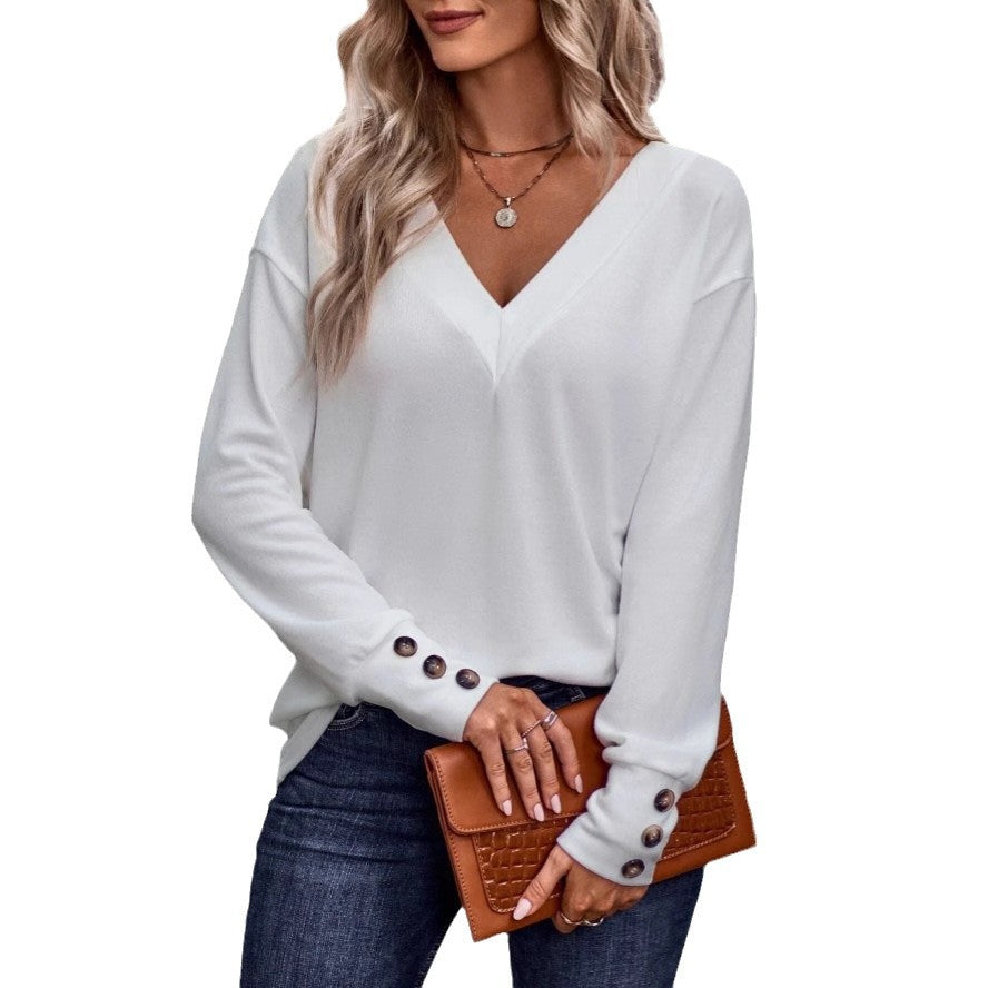 Damen V-Ausschnitt Pullover mit Knopfdetails Drune