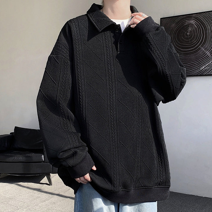 Herren Oversize-Polo-Strickpullover mit Rauten- und Zopfstruktur Drune