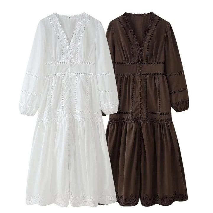 Damen 80+ Maxikleid mit V‑Ausschnitt, Spitzenbesatz, Knopfleiste und Ballonärmeln Drune