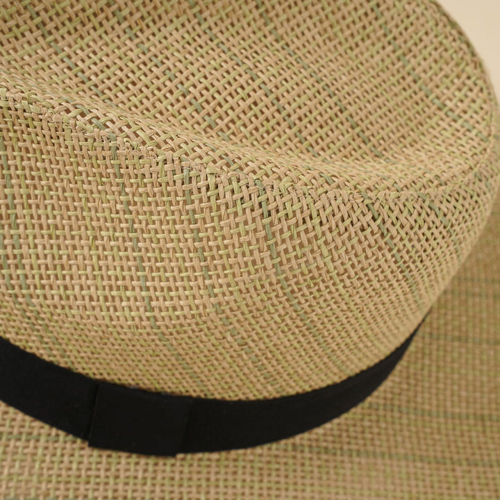 Damen Strand-Fedora-Hut aus atmungsaktivem Naturmaterial mit breiter Krempe und schickem Band Drune