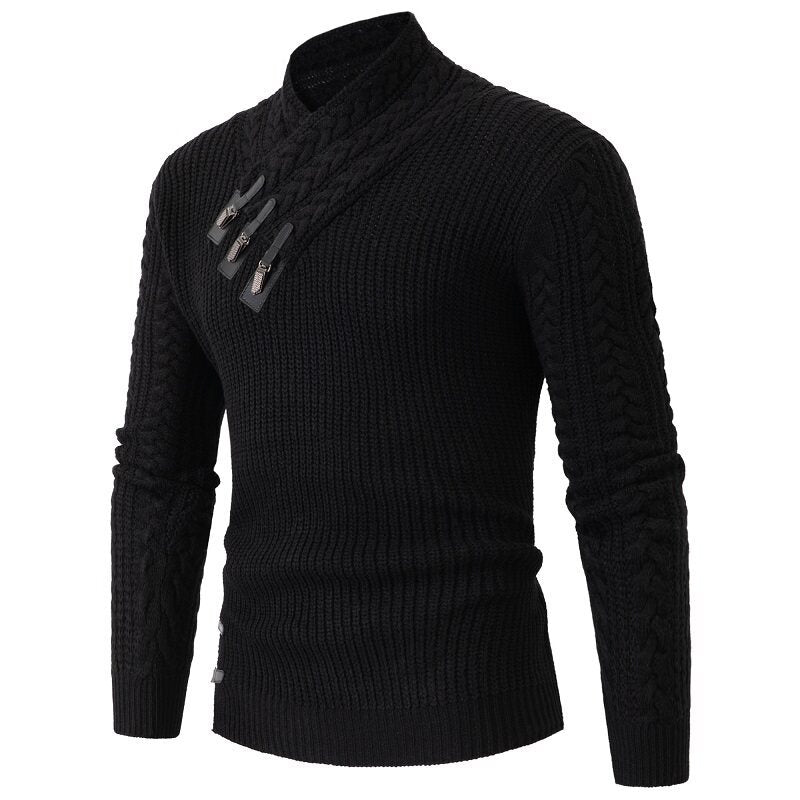 Herren nan Strickpullover mit Schalkragen, Zopfmuster und markanten Schnallenverschlüssen Drune